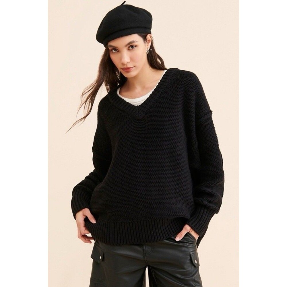Free People ALLi V-Neck Sweater Black Size L Large Oversized Chunky